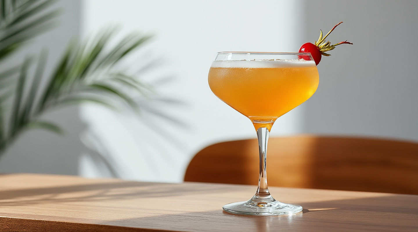 A visually appealing Martiki cocktail garnished with coconut.