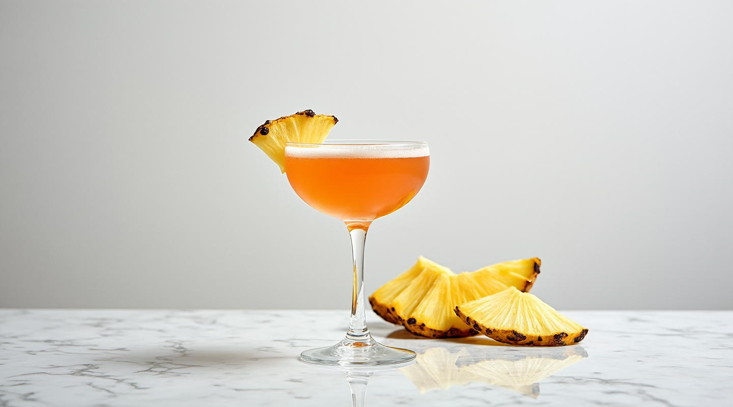 Doña Lucia cocktail served in a coupe glass with a dehydrated pineapple garnish