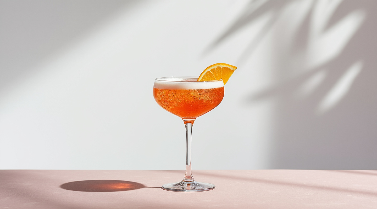 Arancia Spritz in a wine glass with an orange zest twist garnish
