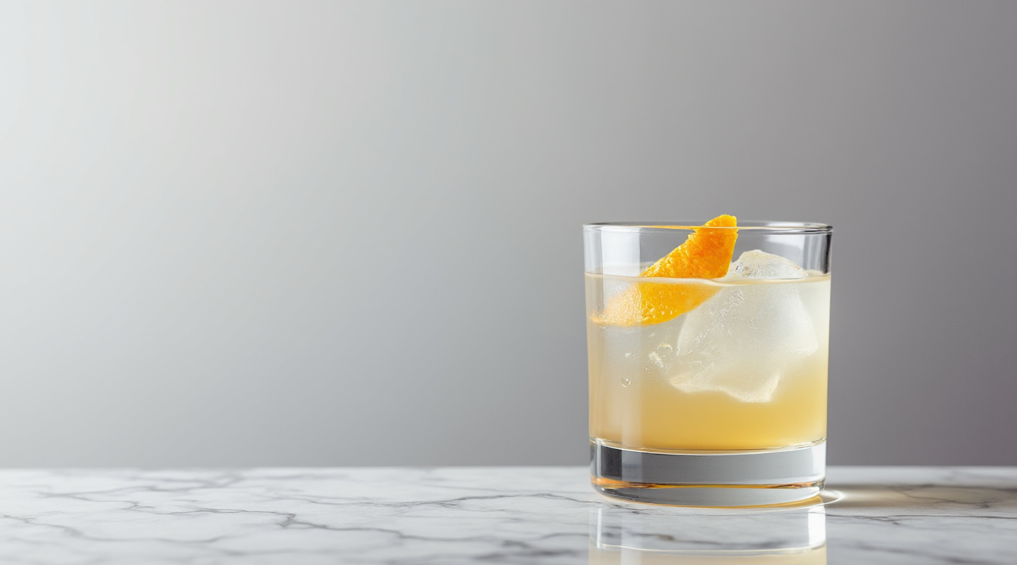 Call me Ish cocktail in a coupe glass garnished with orange zest twist
