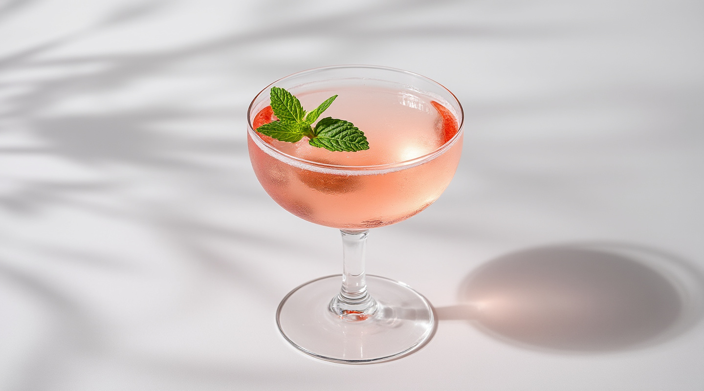A vibrant pink cocktail served in a chilled coupe glass, garnished with fresh mint.