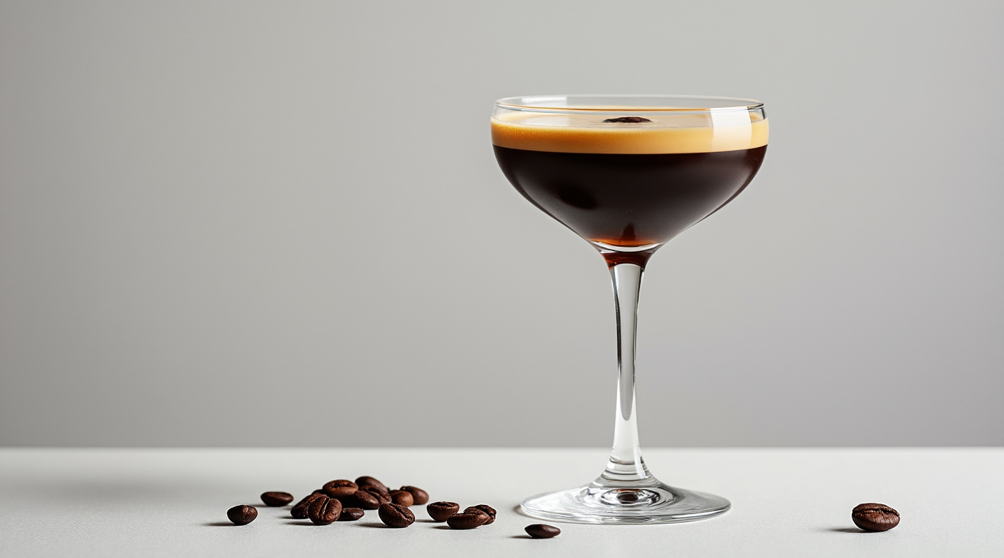 Spanish Espresso Martini served in a coupe glass, garnished with three coffee beans