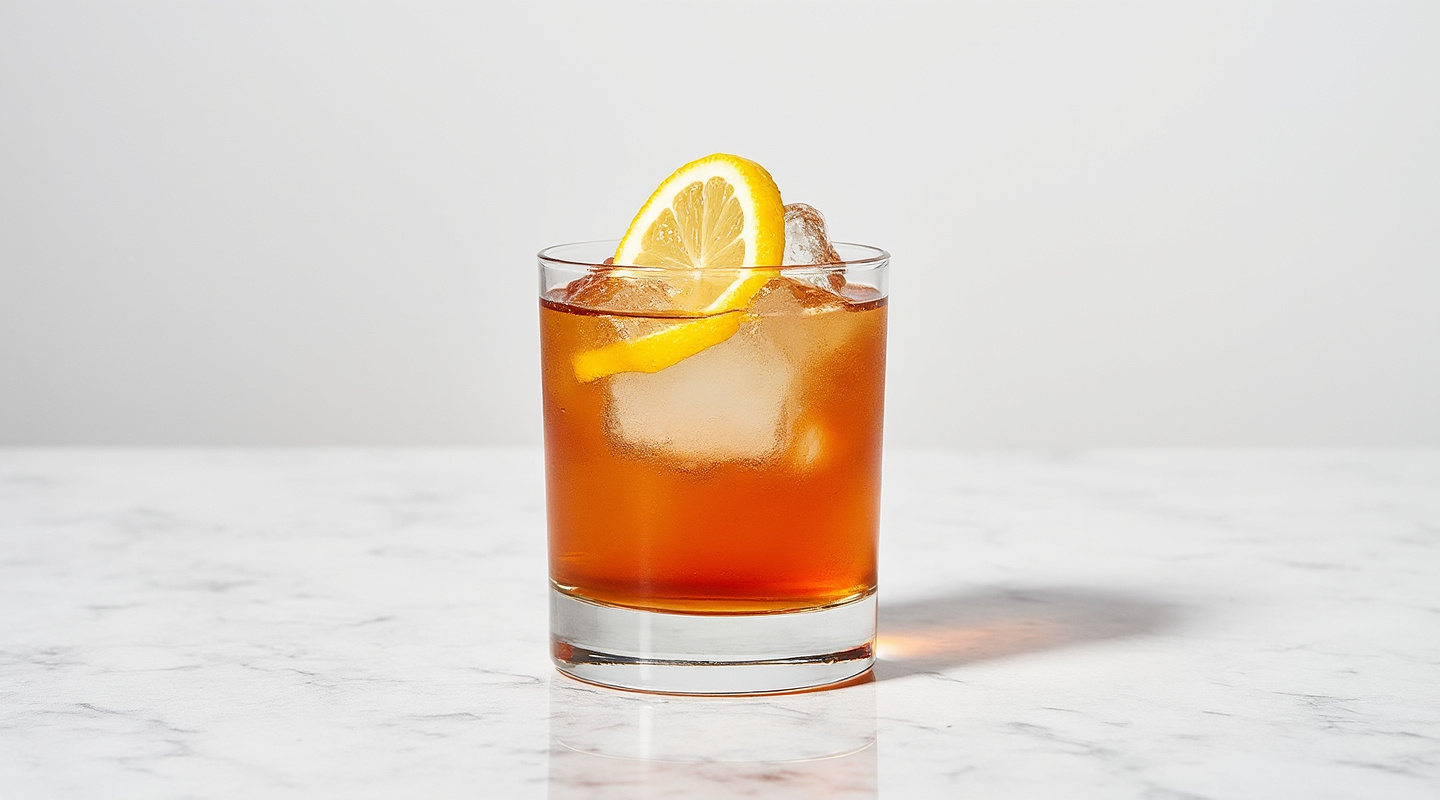 Combustible Edison cocktail in a glass with a flamed lemon zest twist.