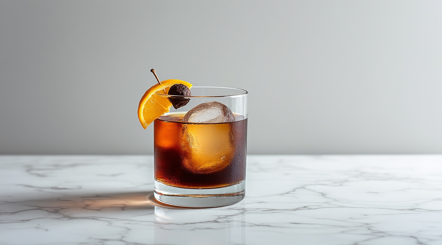 Mujer Negra cocktail with cacao and coffee spiced rum and sweet vermouth