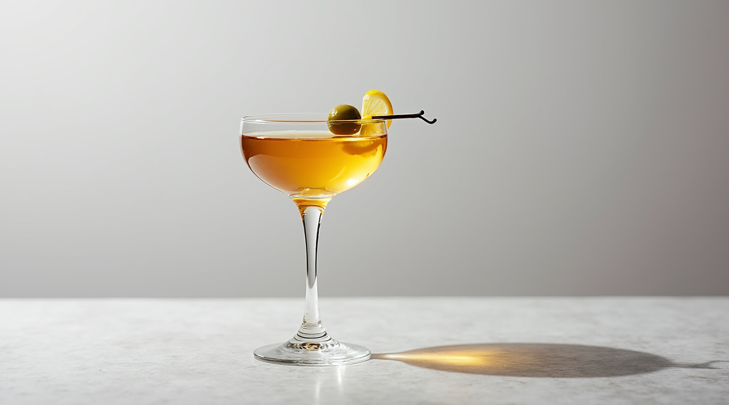 Bald Head in a chilled coupe glass with lemon zest twist and olive