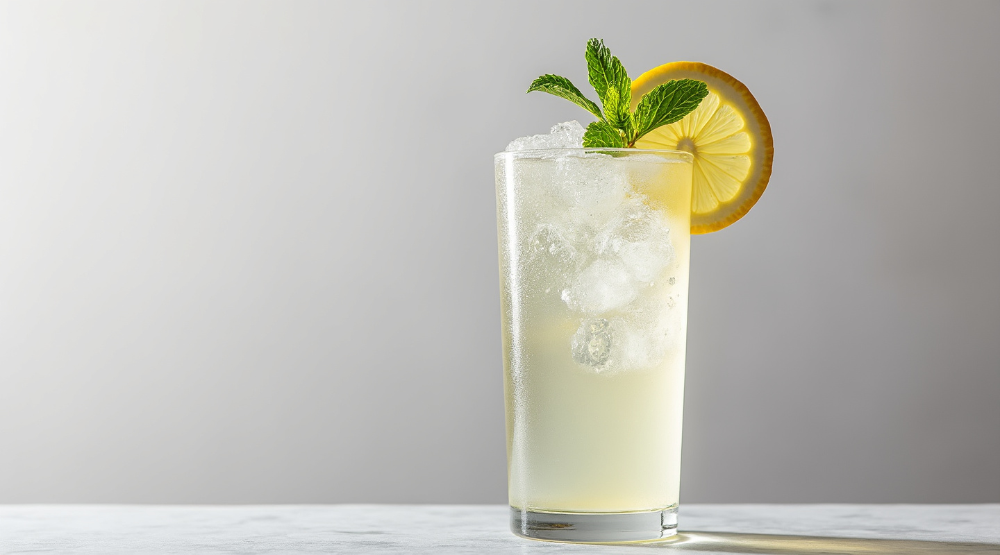 A classic Gin Fizz cocktail served in a highball glass garnished with a lemon slice and mint sprig.