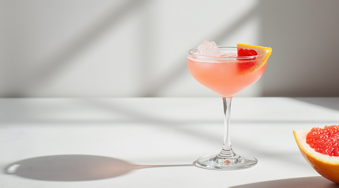 An elegant Patrósa cocktail garnished with a slice of grapefruit, served over ice in a goblet glass.
