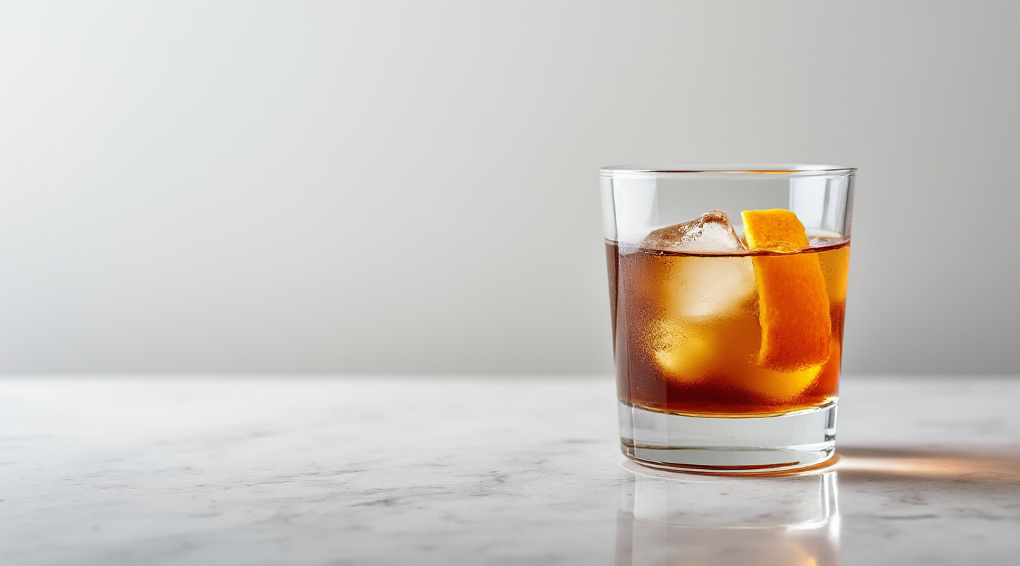Café Colonial cocktail in an Old-fashioned glass with orange zest garnish