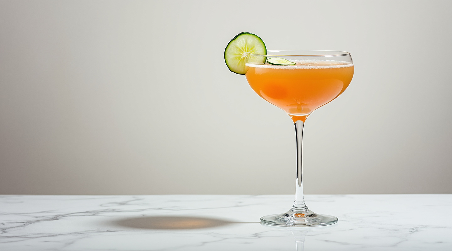 Gin Garden cocktail in a martini glass garnished with cucumber slices