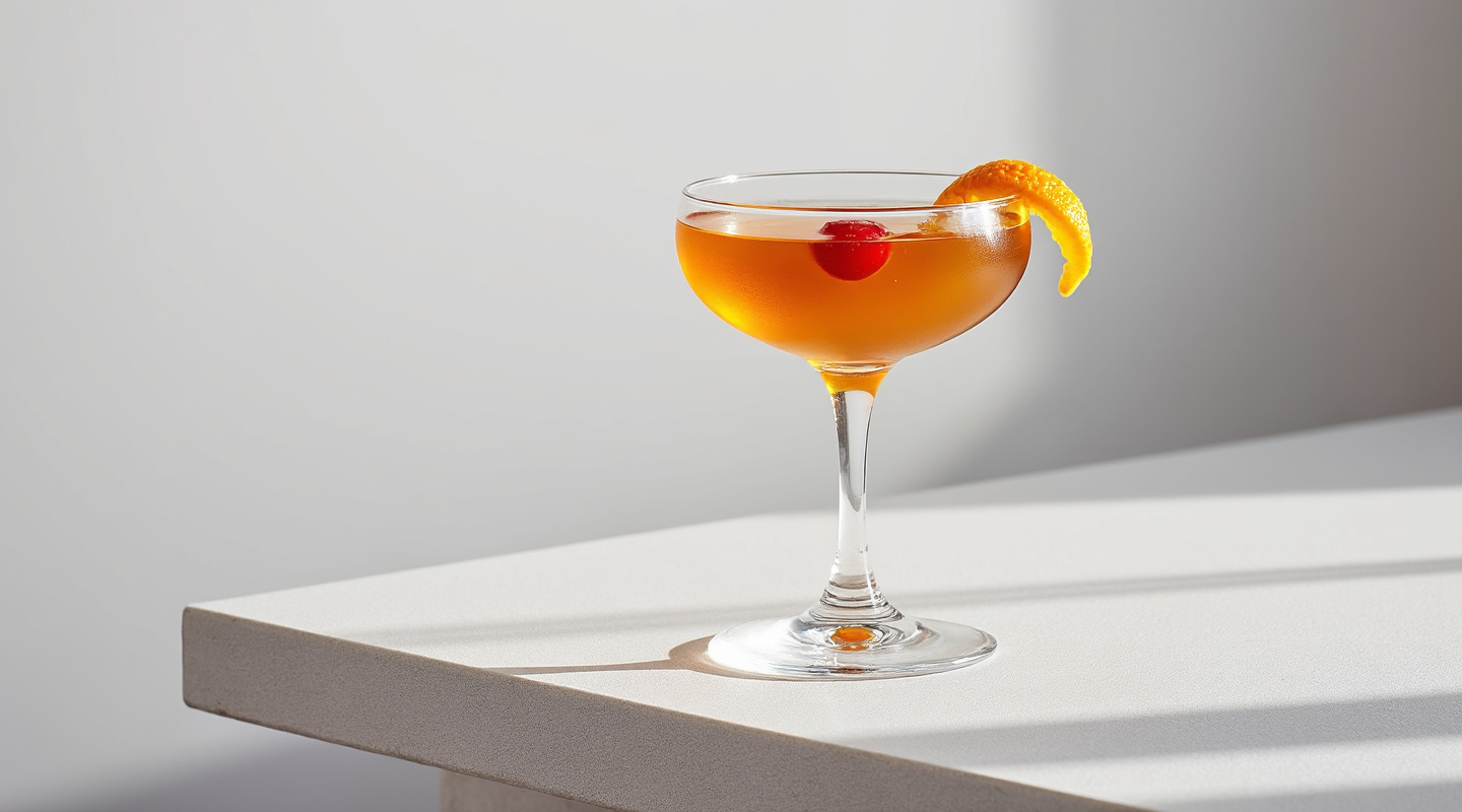 Monte Manhattan cocktail served in a coupe glass with an orange twist and a maraschino cherry.