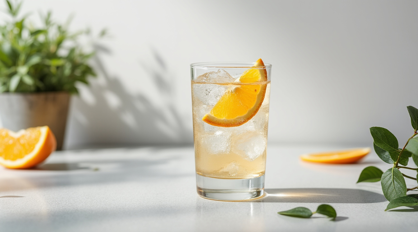 Monte & Tonic cocktail in a Collins glass with an orange slice garnish