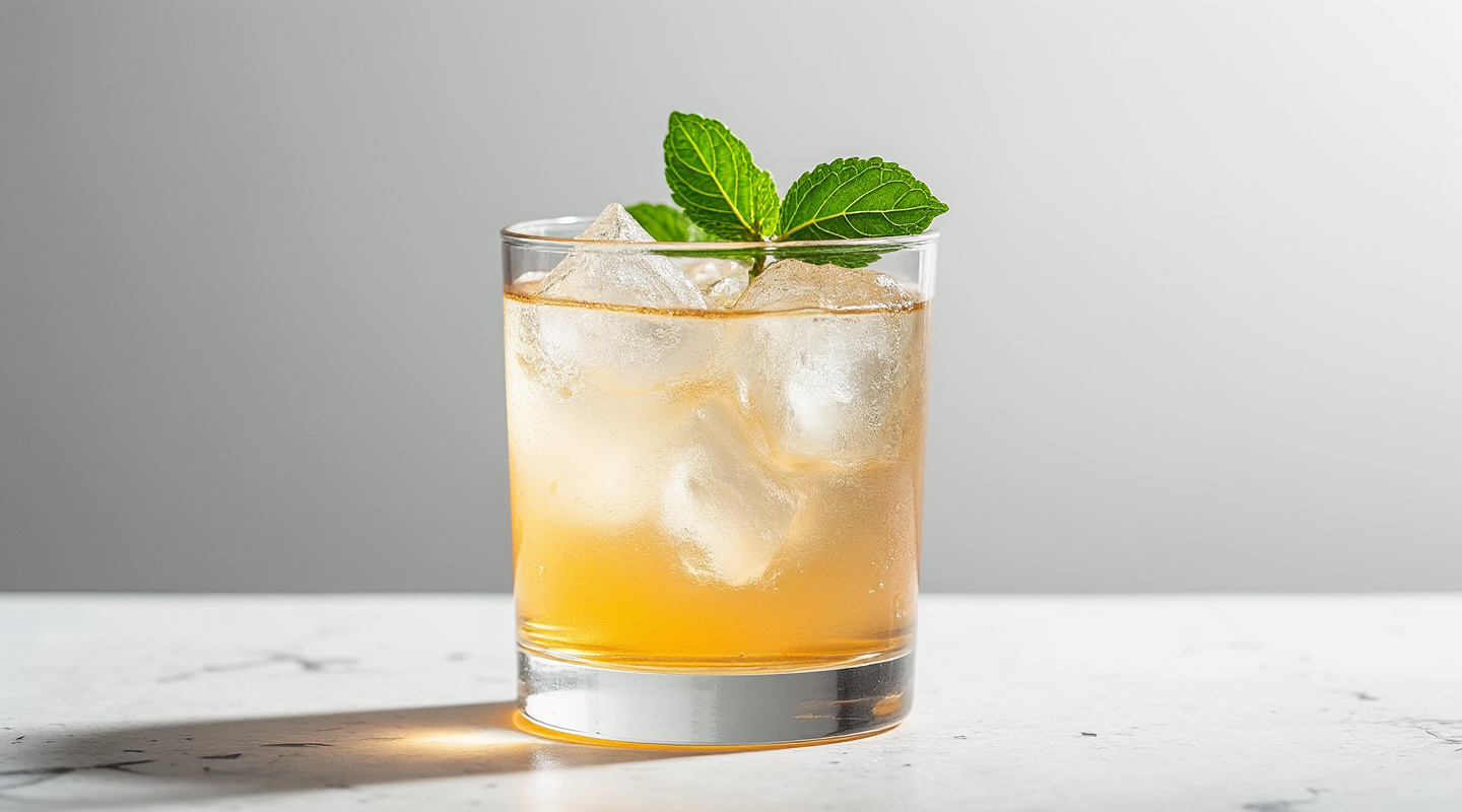 Gin Genie cocktail served in a Collins glass, garnished with a mint sprig