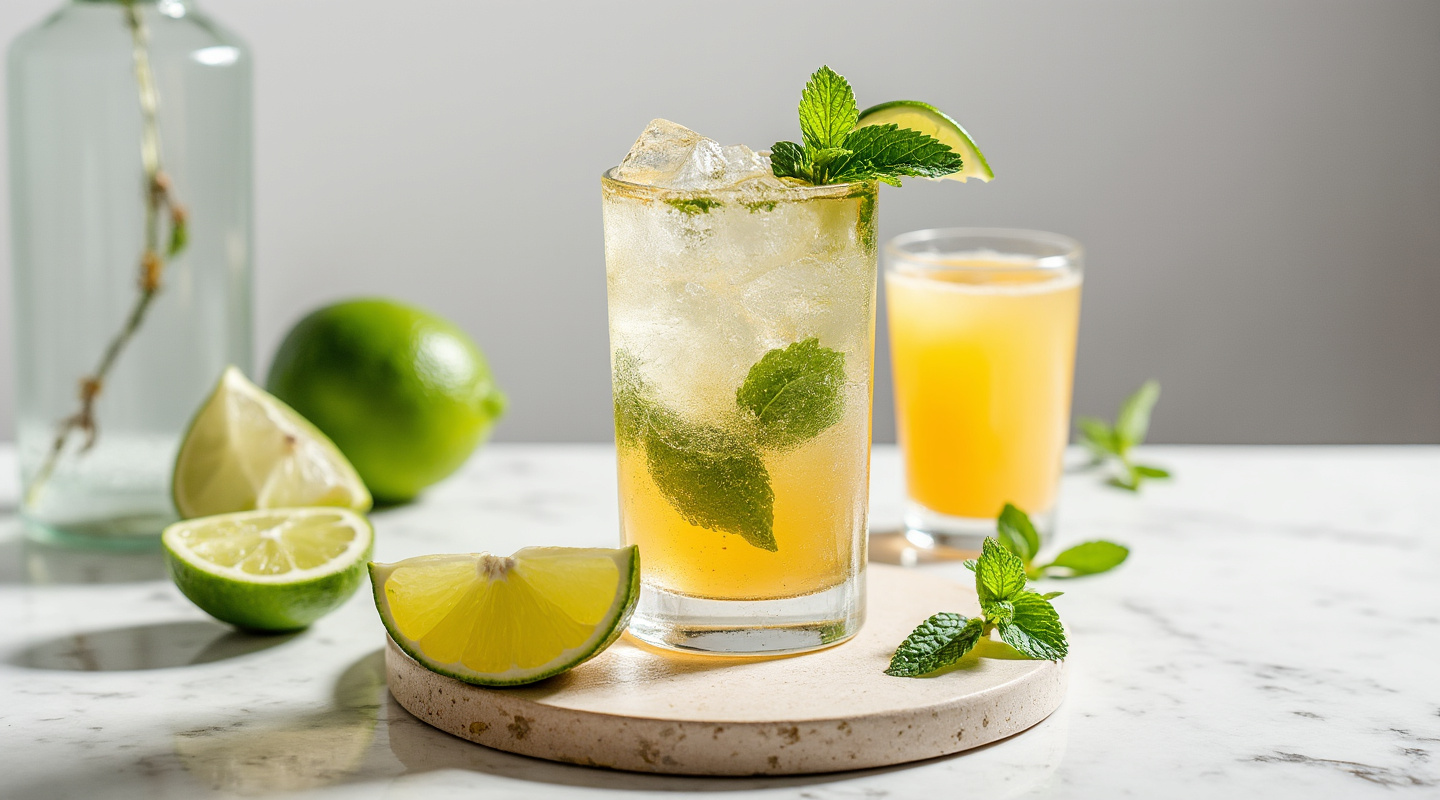 Gin Gin Mule cocktail served with mint and lime garnish