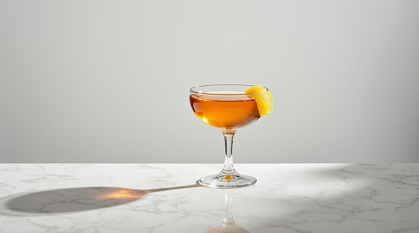 A cocktail in a Coupe glass with a lemon twist garnish