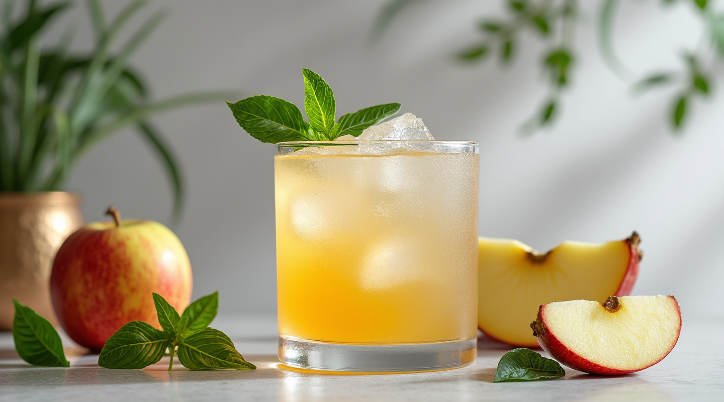 Ginger Cosmos in a Collins glass, garnished with a basil leaf