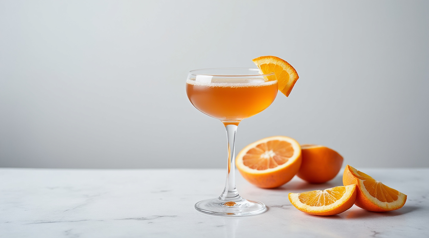 Naramata cocktail served in a Coupe glass with orange zest garnish.