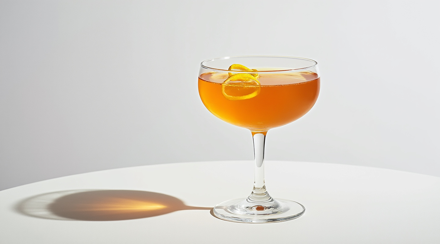 Brotherhood cocktail in a Nick & Nora glass with a lemon twist garnish