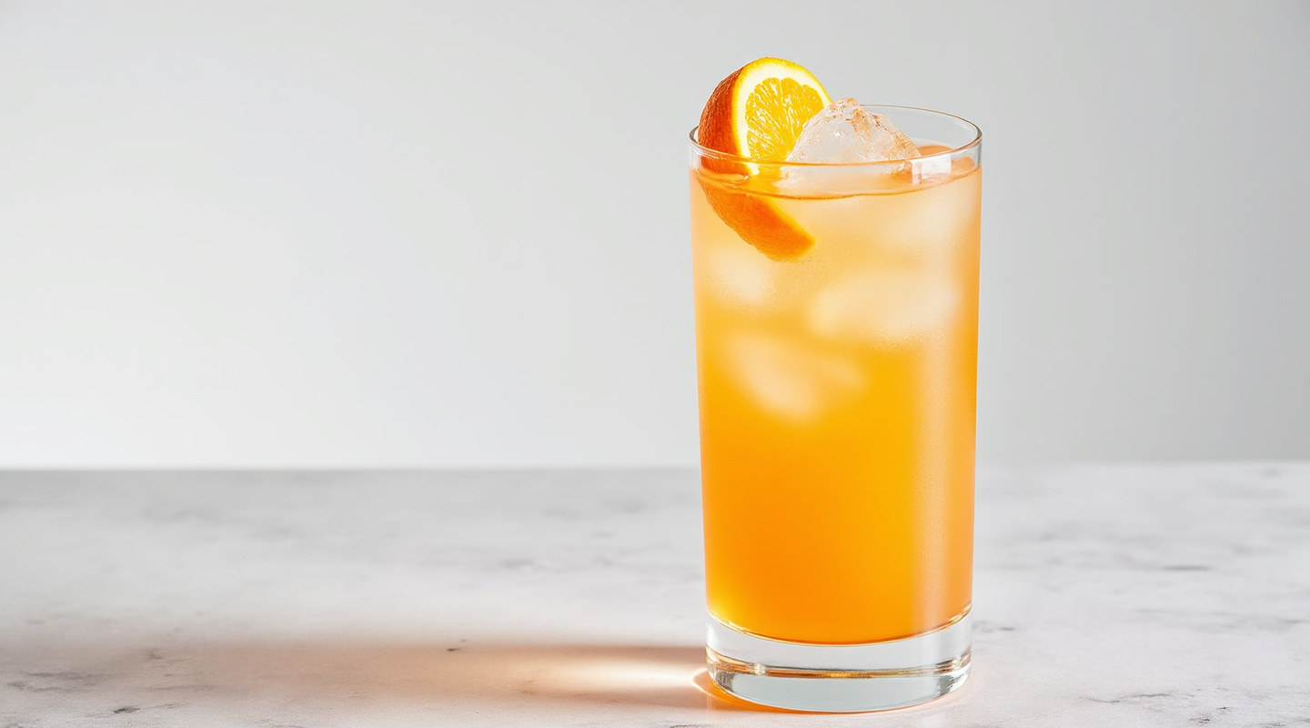 Frisky Whiskey Highball in a highball glass garnished with an orange slice