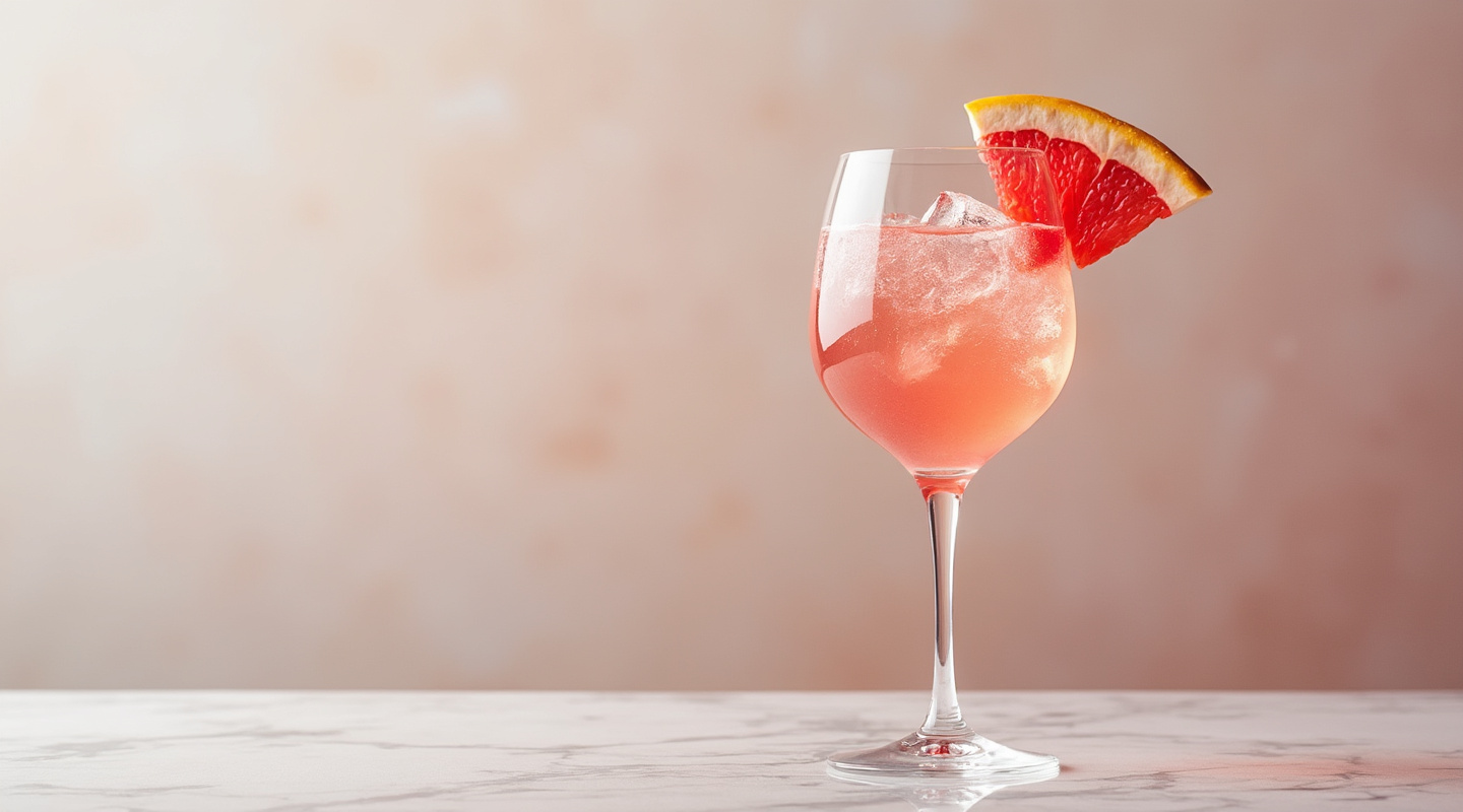 Pink Spritz in a wine glass with pink grapefruit soda, Aperol and prosecco, garnished with grapefruit wedge