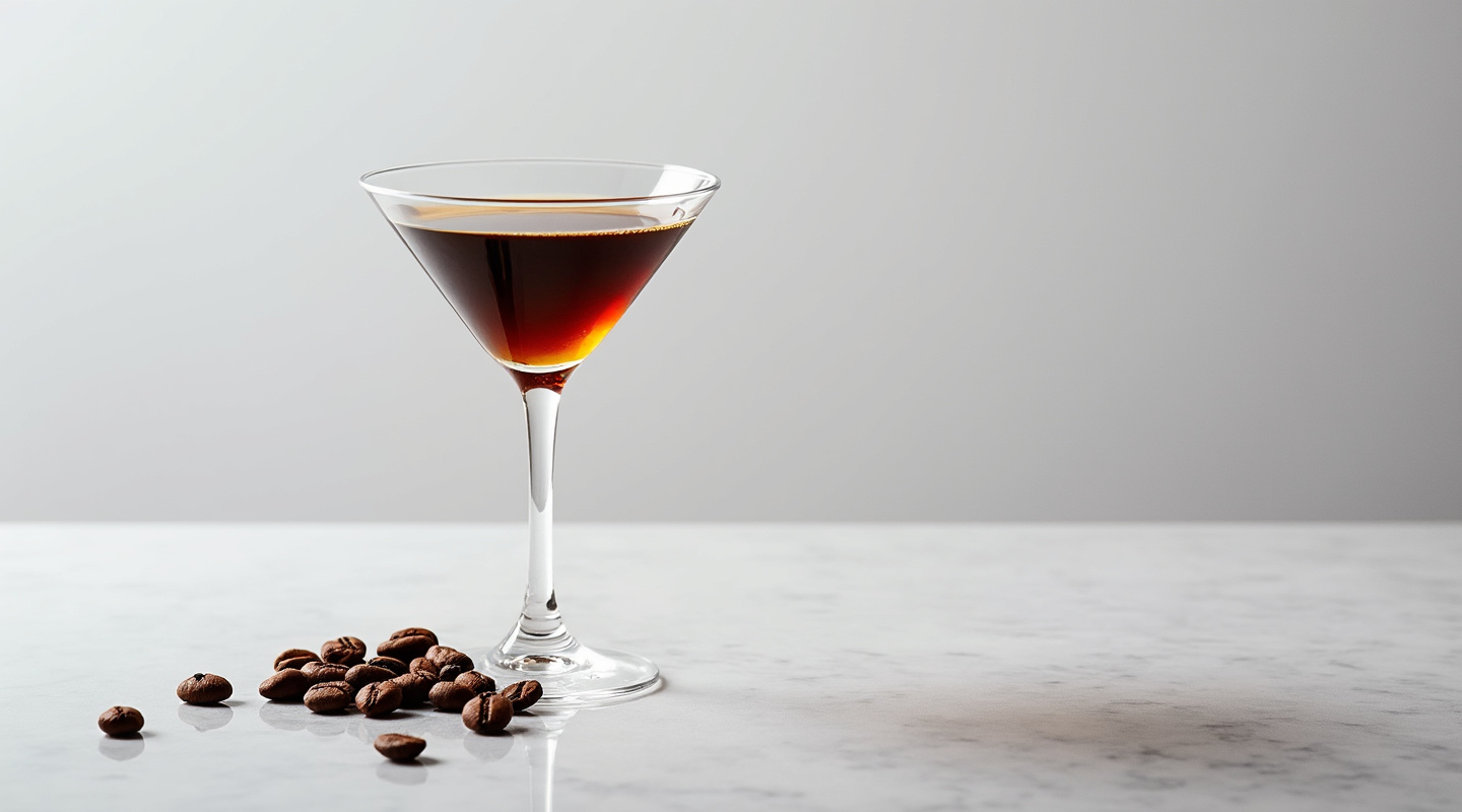 Aged Grappa Espresso Martini in a Coupe glass garnished with coffee beans