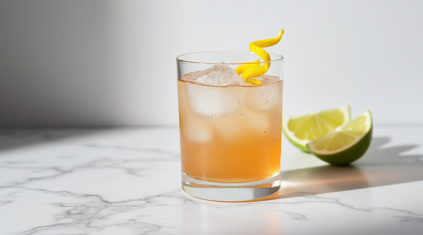 Gospel Sharp cocktail in a chilled Nick & Nora glass, garnished with a lemon zest twist