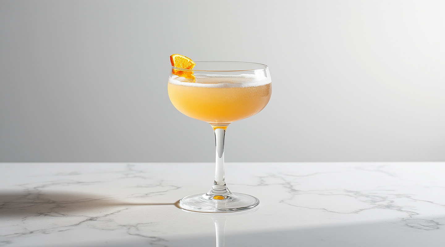 A glass of Chip Err O cocktail garnished with orange zest twist