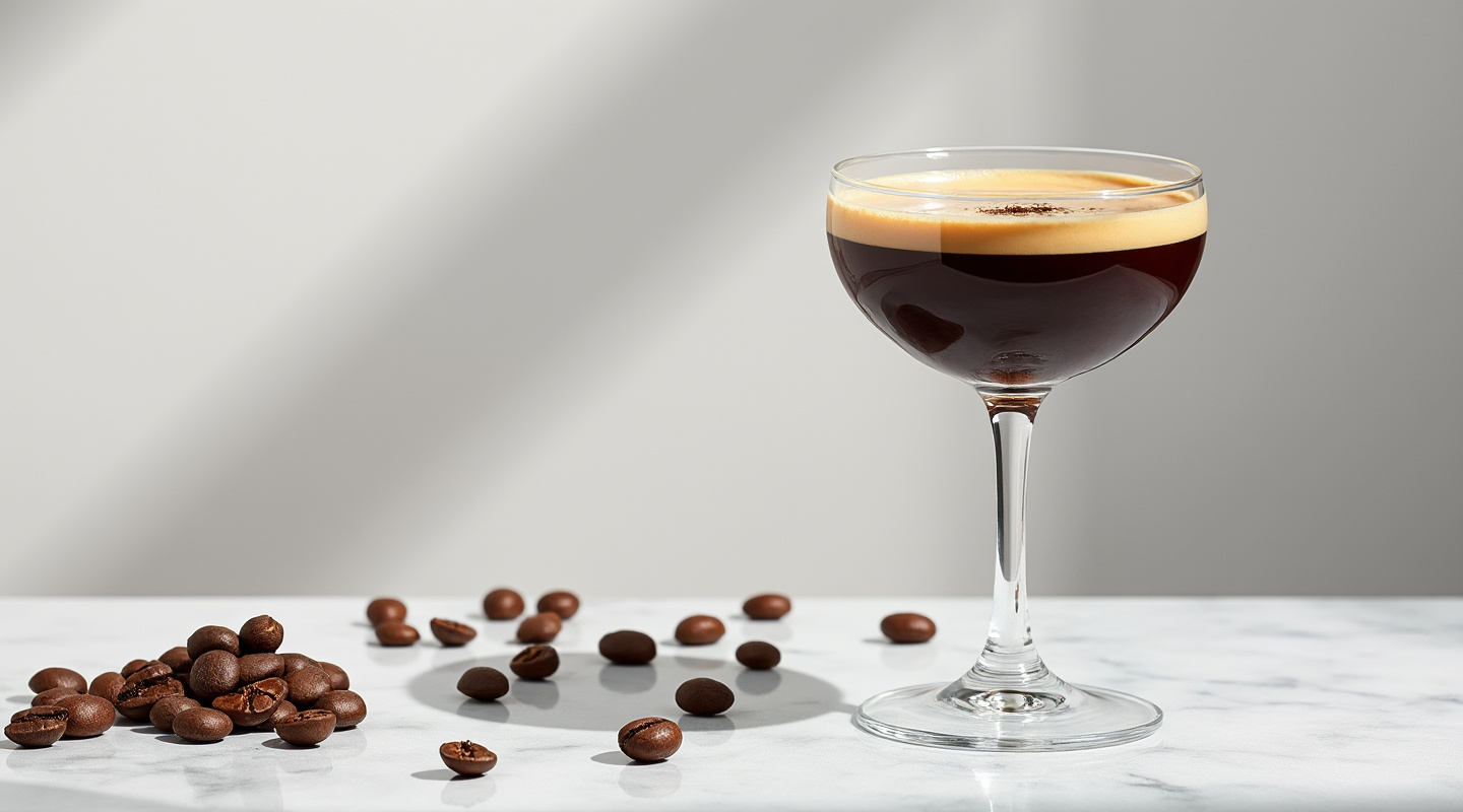A Greek Espresso Martini served in a chilled Coupe glass with coffee beans garnish.