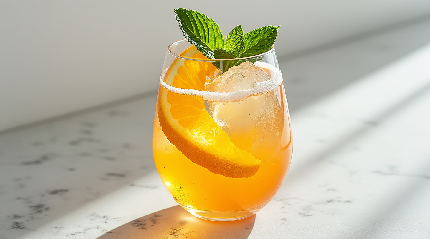 A vibrant Vitamin C Cobbler cocktail served in a chilled wine glass, garnished with mint.