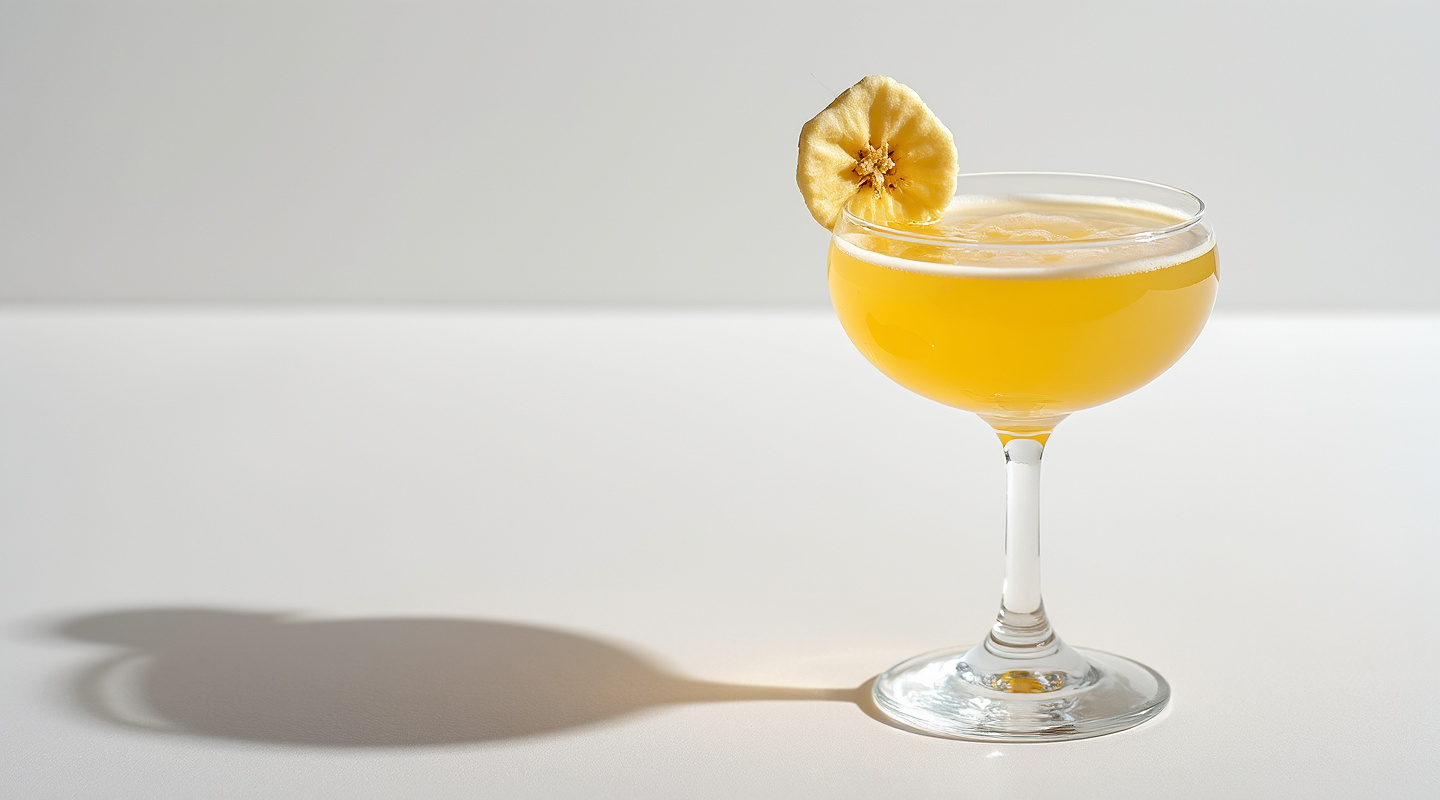 Bananarama cocktail in a coupe glass garnished with banana chip