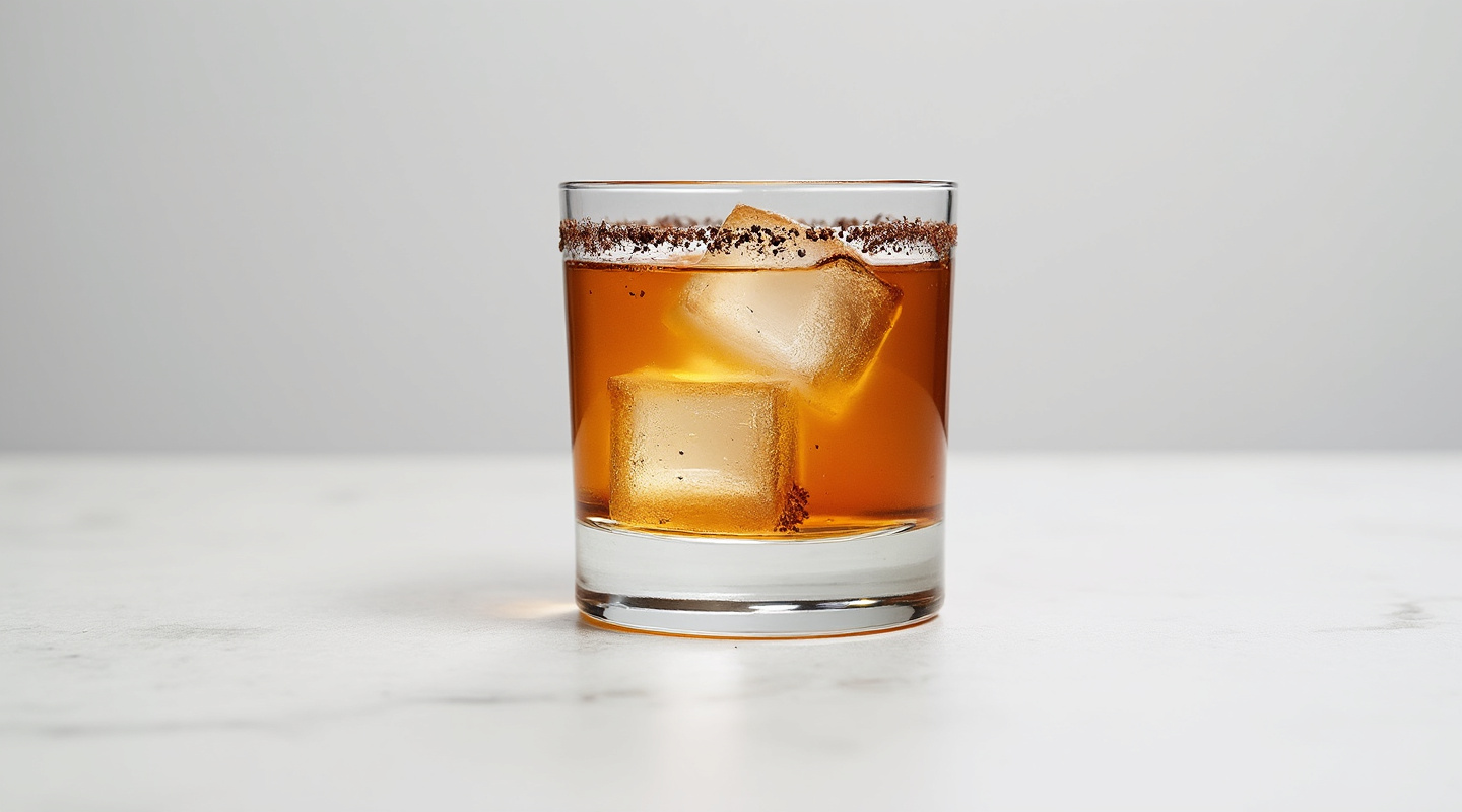 A sophisticated cocktail served in an Old-Fashioned glass with a cacao powdered rim.