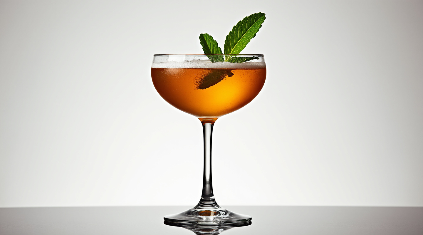 A frothy cocktail served in a coupe glass, garnished with a mint leaf.
