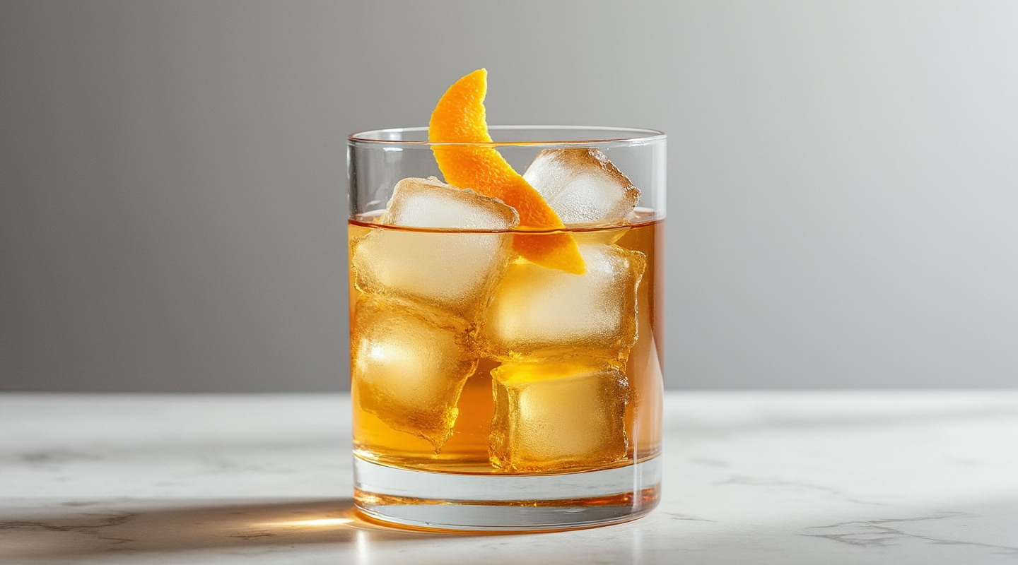 Añejo Almond Old Fashioned cocktail served in an old-fashioned glass with an orange zest garnish