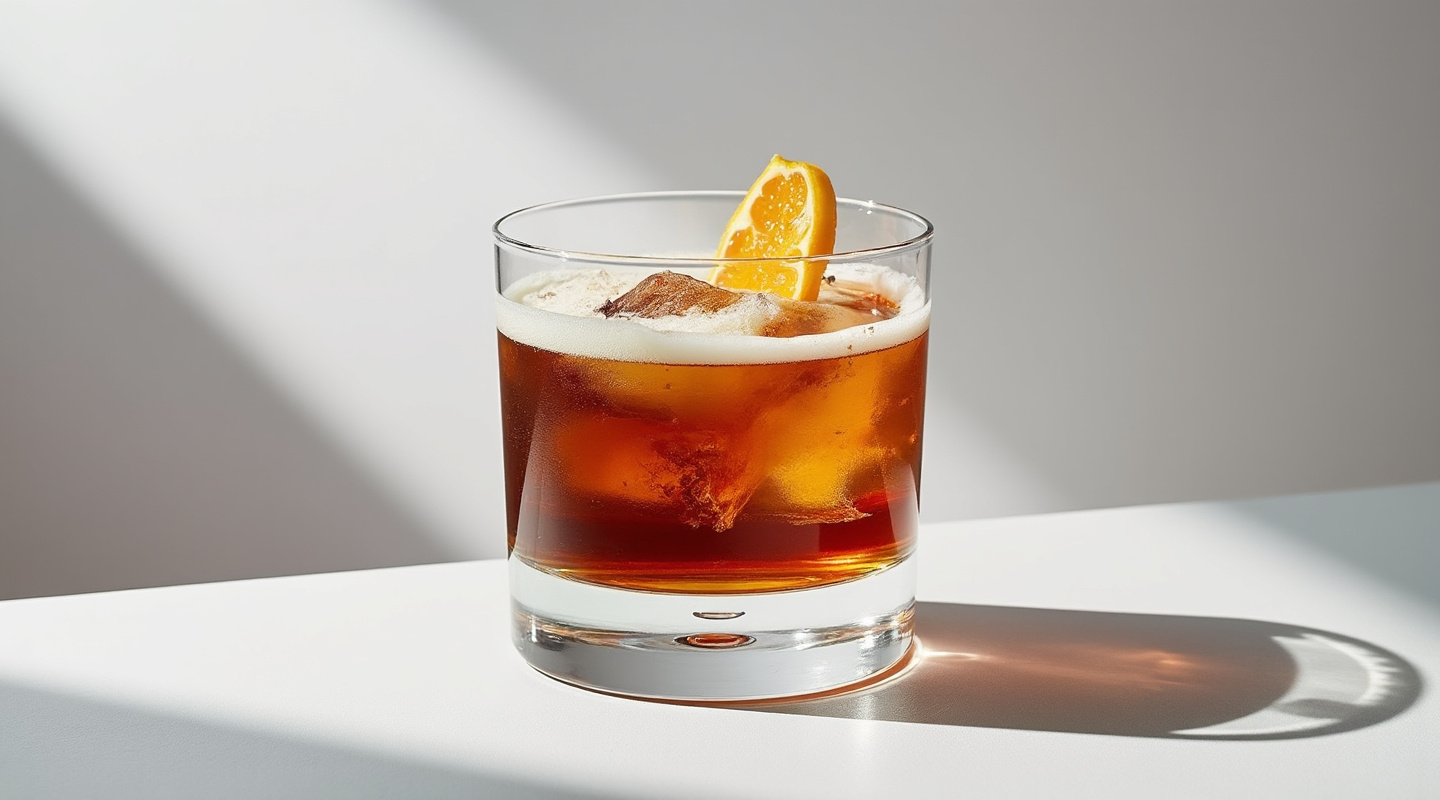 Flip the Script cocktail in a Nick & Nora glass garnished with grated nutmeg