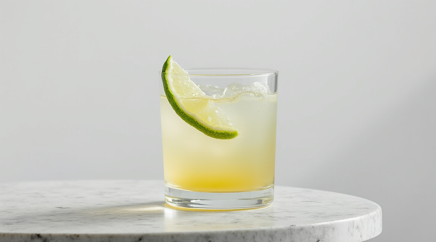 A glass of Absinthe Daiquiri served in a Nick & Nora glass garnished with a lime wedge