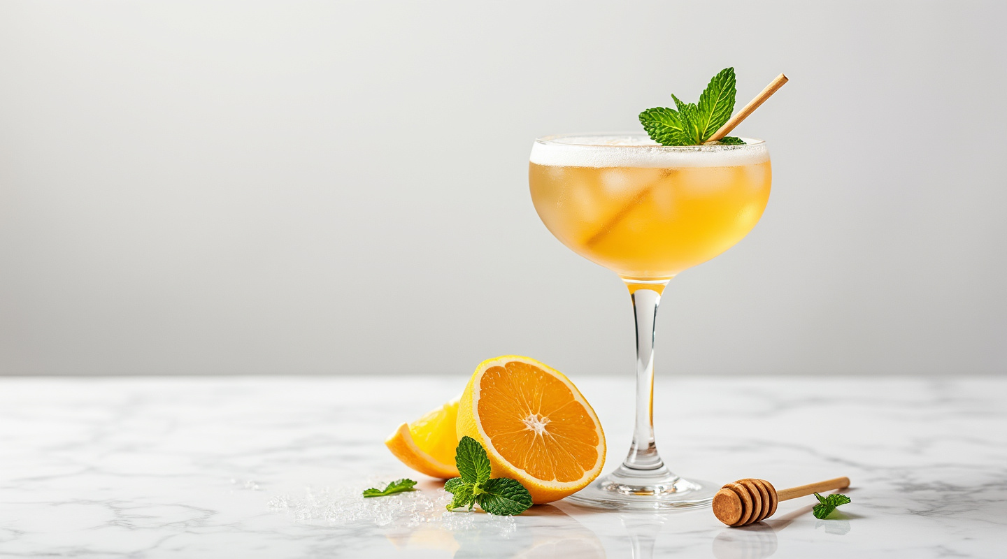 West Side cocktail in a coupe glass garnished with a mint leaf