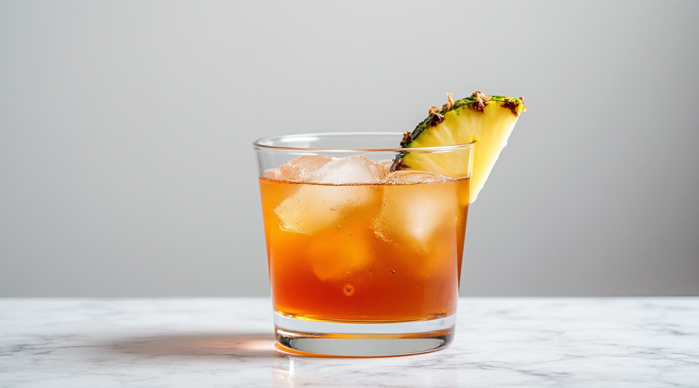 A Sloppy Joe's cocktail served in a Nick & Nora glass, garnished with a pineapple wedge.