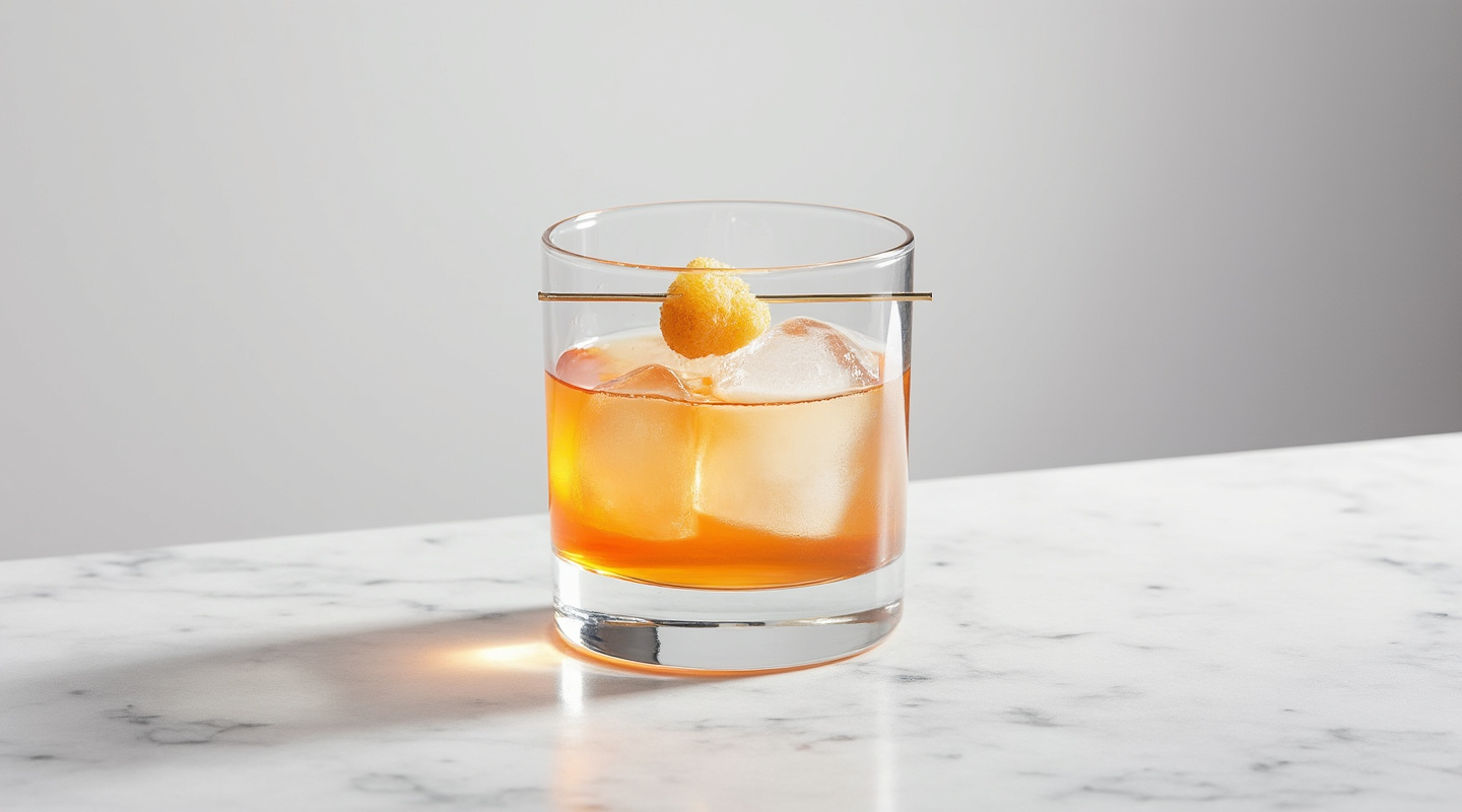 Jersey Quarter cocktail in an Old-fashioned glass garnished with crystalised ginger