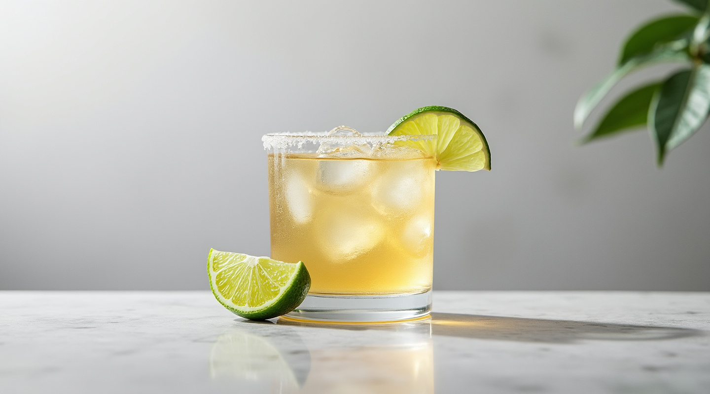 A refreshing 50:50 Margarita served in a chilled glass with a lime wedge.