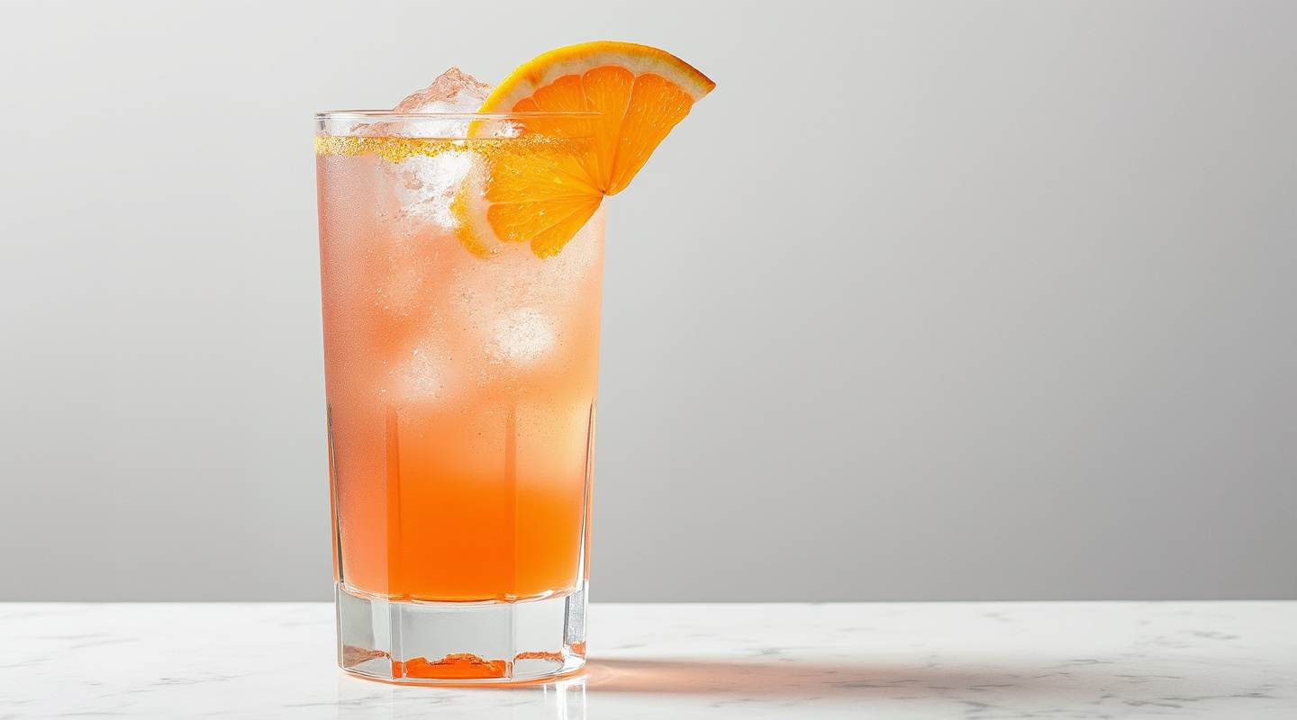 A vibrant orange Three Citrus Garibaldi cocktail in a highball glass with a frothy top, garnished with an orange wedge.