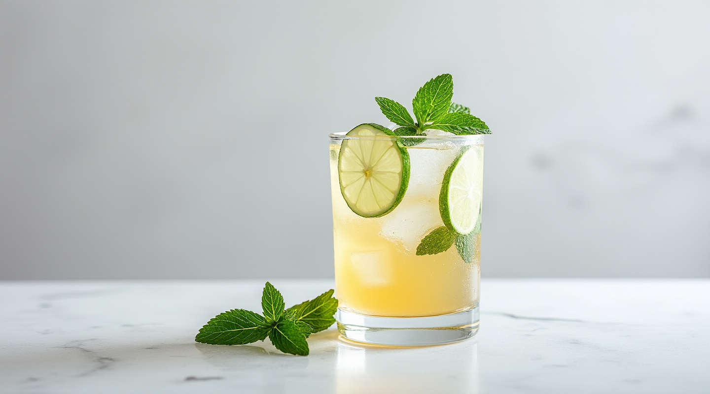 Calvados Mojito in a glass with mint bouquet garnish