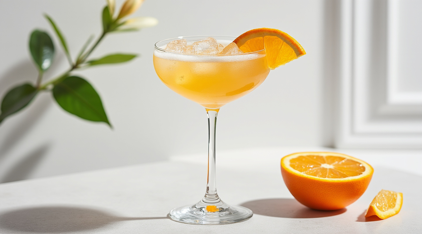 A Grand Mimosa served in an elegant goblet glass with an orange slice wheel garnish.