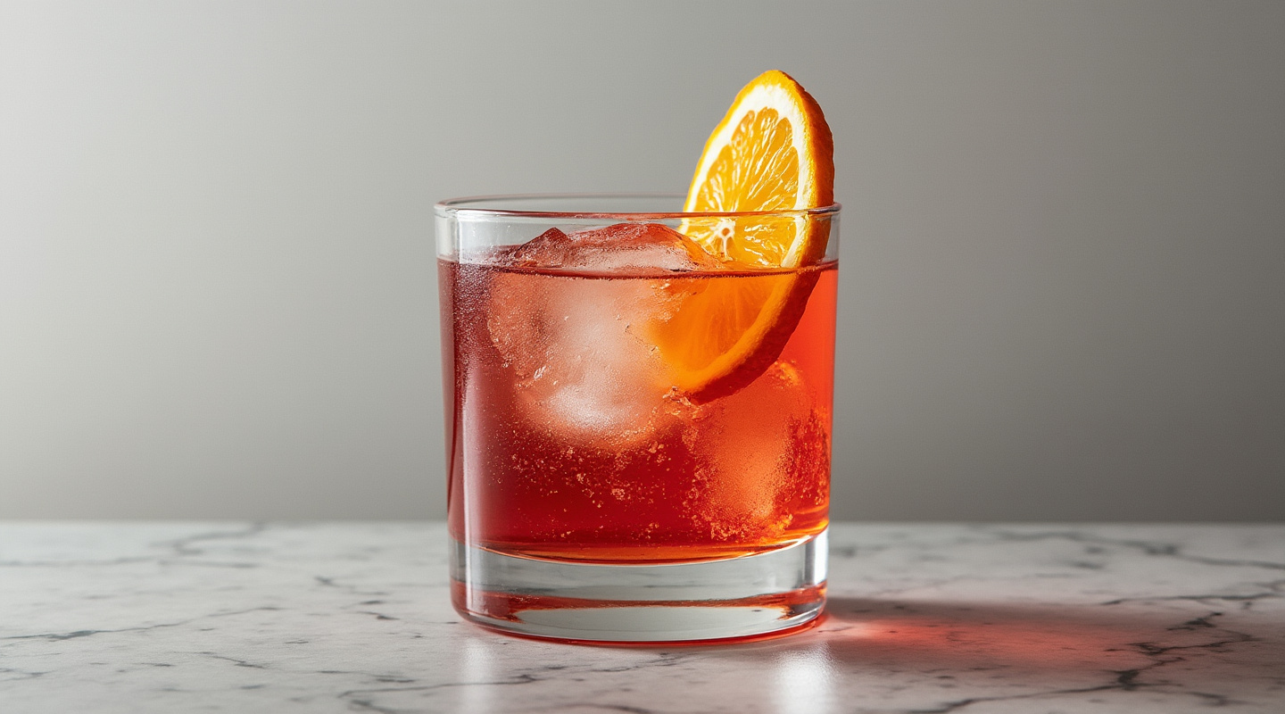 Rose Negroni cocktail in a glass with a large ice cube
