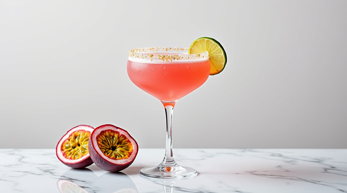 A glass of Pink Passion Fruit Margarita with a salt rim and half a passion fruit floating.