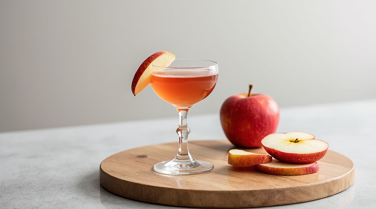 A chilled Forbidden Fruit Martini garnished with a dehydrated apple slice