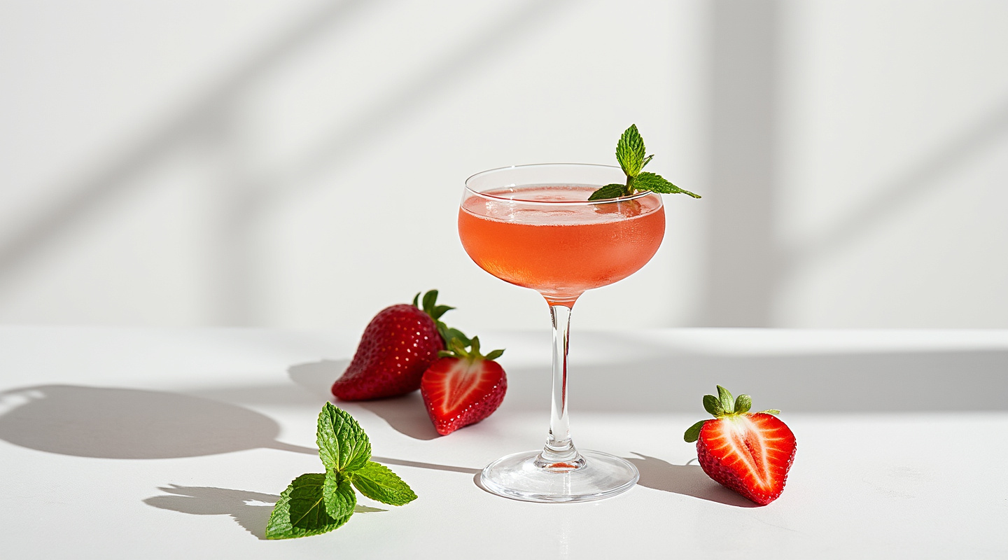 Strawberry Aviation cocktail in a Nick & Nora glass