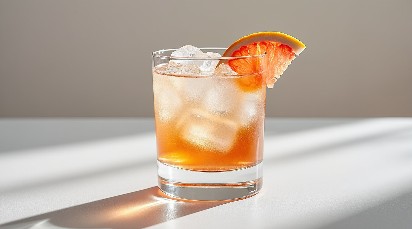 Thrivemind cocktail in a Nick & Nora glass with grapefruit zest garnish