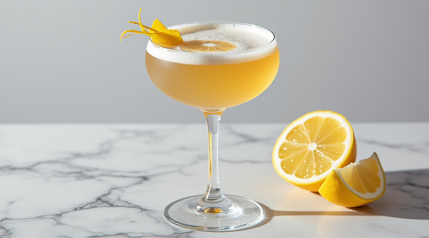 Ocean Shore cocktail served in a Coupe glass, garnished with a lemon zest twist
