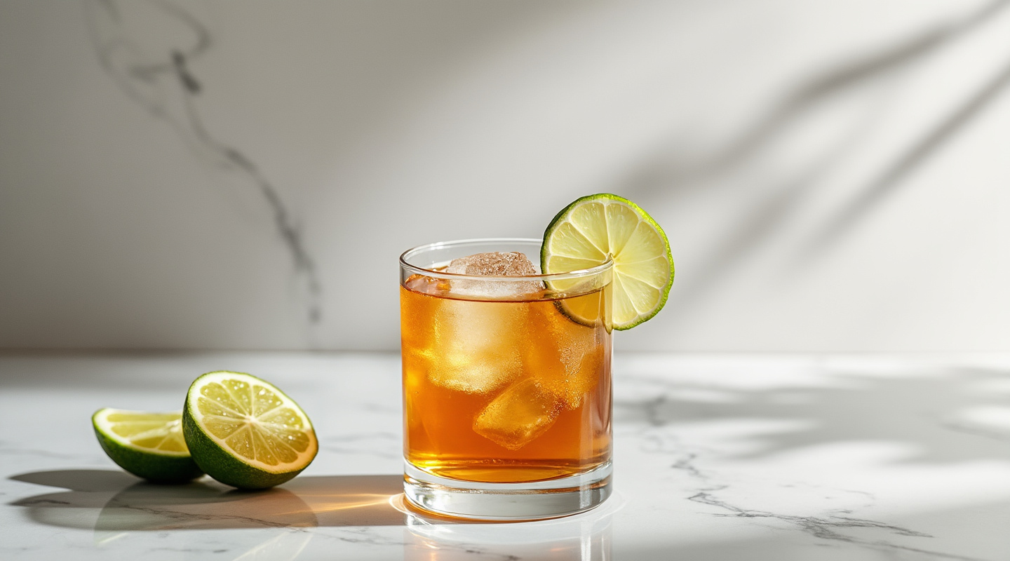 A cocktail served in an Old-Fashioned glass with a large ice cube and a lime wheel slice garnish.
