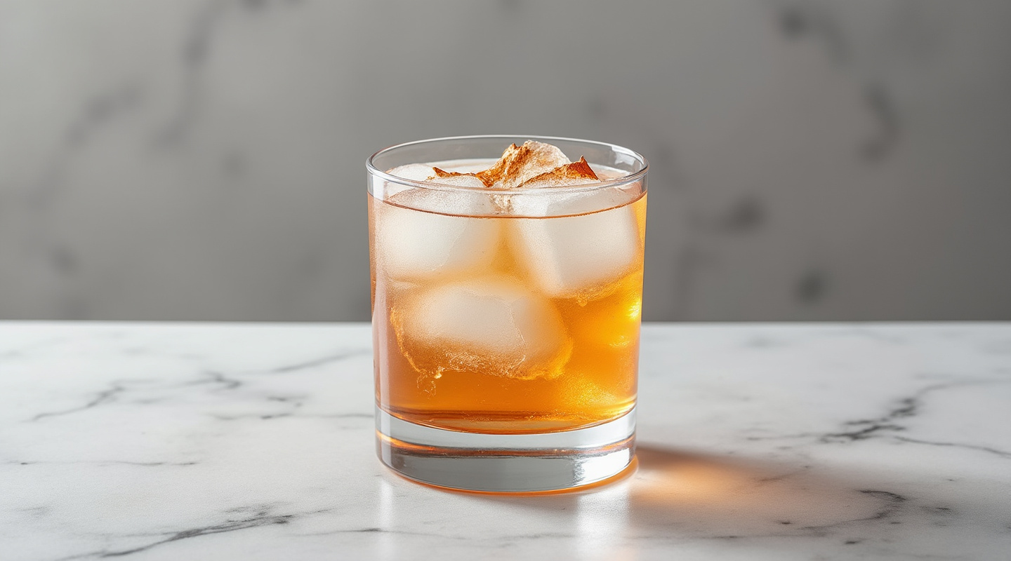 Cocogroni cocktail in a glass with block ice