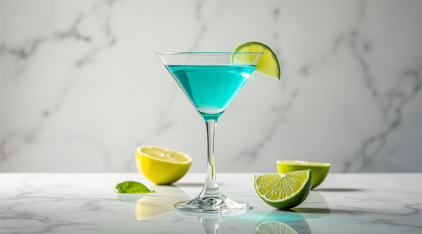Green Eyes cocktail served in a Martini glass with a lime wedge garnish.